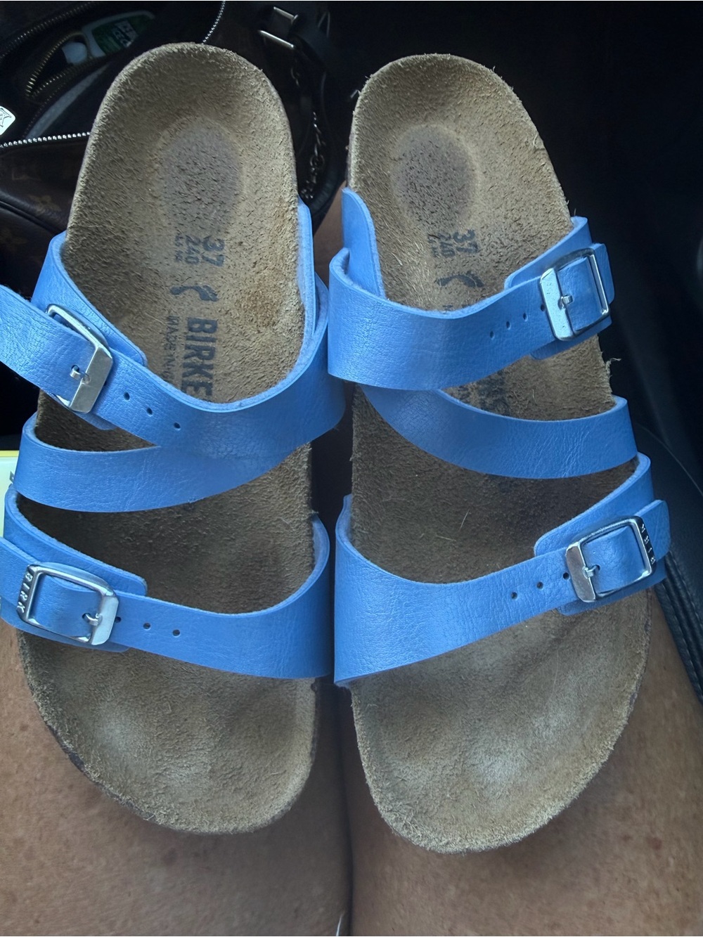 Birkenstock Light Blue Triple-Strap Sandals with Silver Buckles